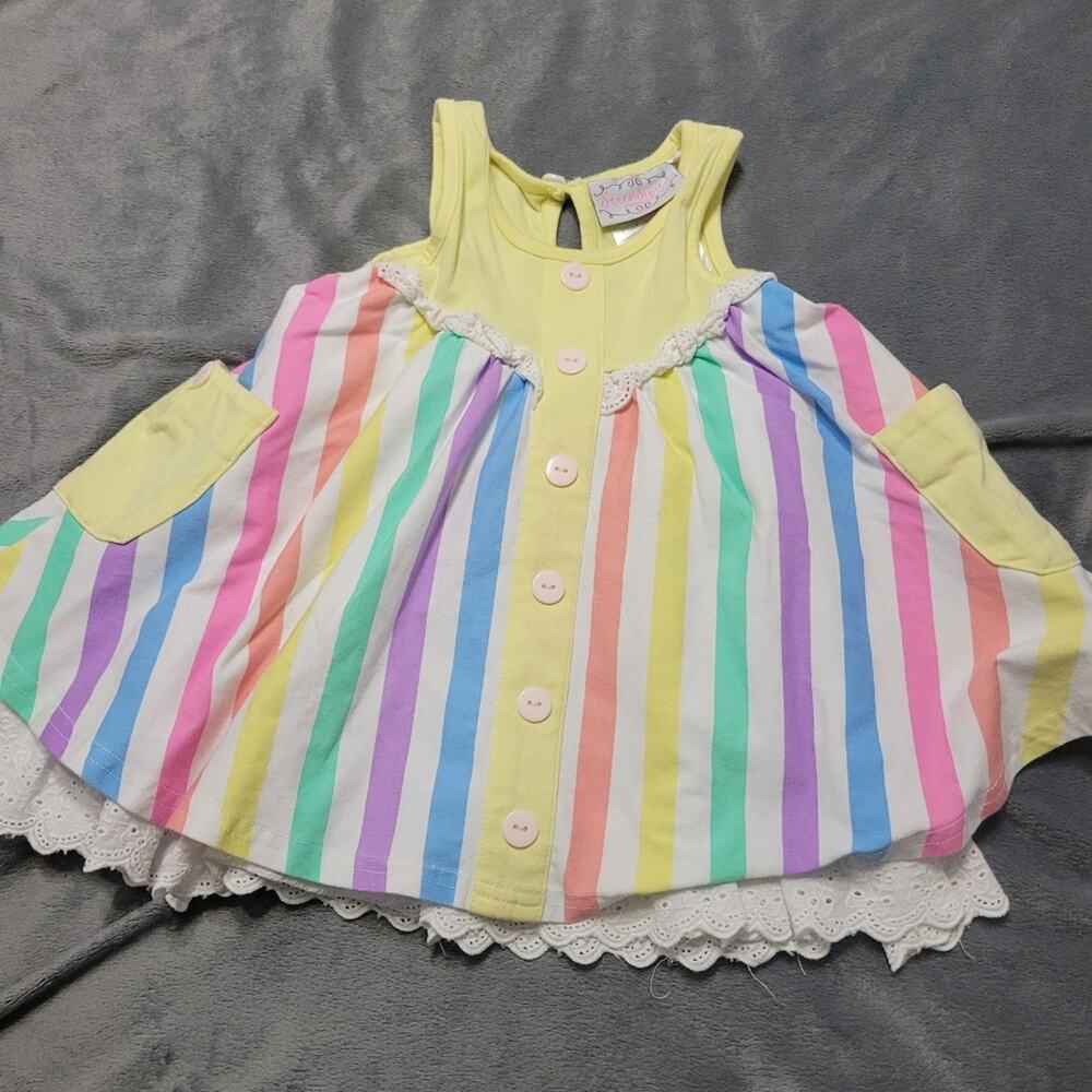 Serendipity Dress Baby Girl 2 Yellow Full Striped Skirt Ruffle Bottom Button Top